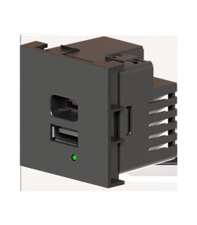 Cargador USB de doble puerto A+C, Gris. Potencia de salida total: 21W (5V/4.2A), con terminales de tornillo