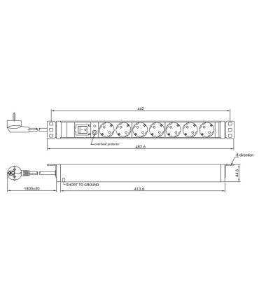 Regleta 19" 1U 7 Schuko Con Interruptor y protección sobrecarga. Alumi