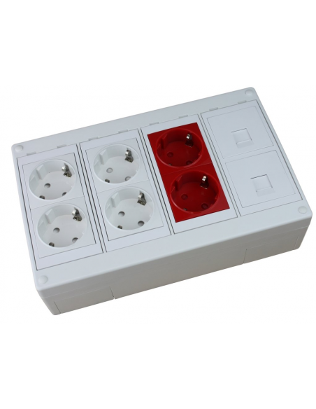 Caja de mecanismos de 4 elementos con 3 schukos doble y 2 RJ45 montado