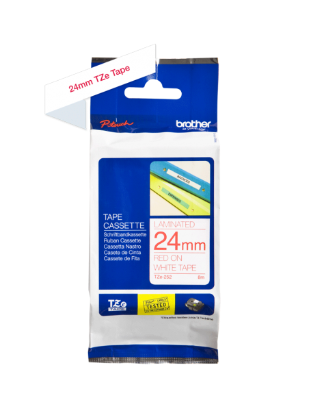 Cinta Laminada Ancho 24 mm Texto Rojo Fondo Blanco