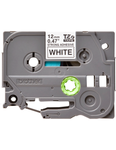 Cinta Laminada Ancho 12 mm súper adhesiva. Texto Negro Fondo Blanco