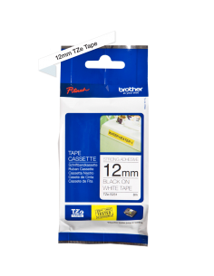 Cinta Laminada Ancho 12 mm súper adhesiva. Texto Negro Fondo Blanco