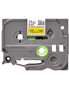 Cinta Laminada Ancho 12 mm súper adhesiva. Texto Negro Fondo Amarillo