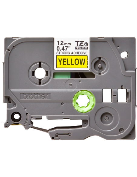 Cinta Laminada Ancho 12 mm súper adhesiva. Texto Negro Fondo Amarillo