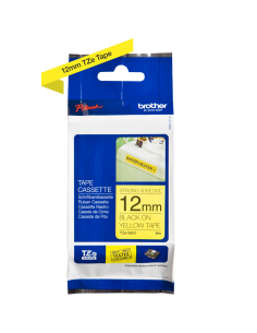 Cinta Laminada Ancho 12 mm súper adhesiva. Texto Negro Fondo Amarillo