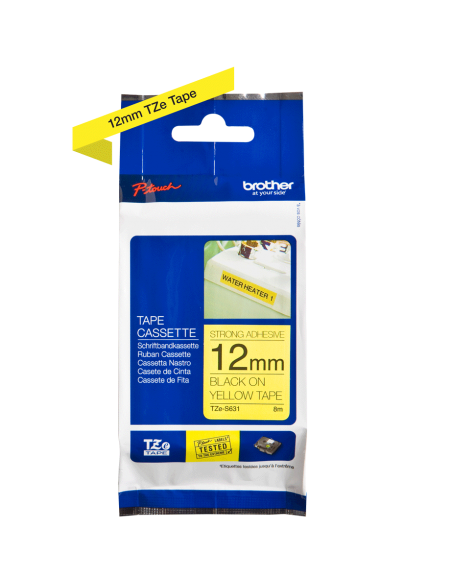 Cinta Laminada Ancho 12 mm súper adhesiva. Texto Negro Fondo Amarillo