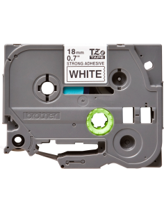 Cinta Laminada Ancho 18 mm súper adhesiva. Texto Negro Fondo Blanco