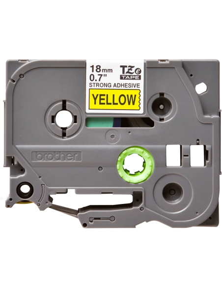 Cinta Laminada Ancho 18 mm súper adhesiva. Texto Negro Fondo Amarillo