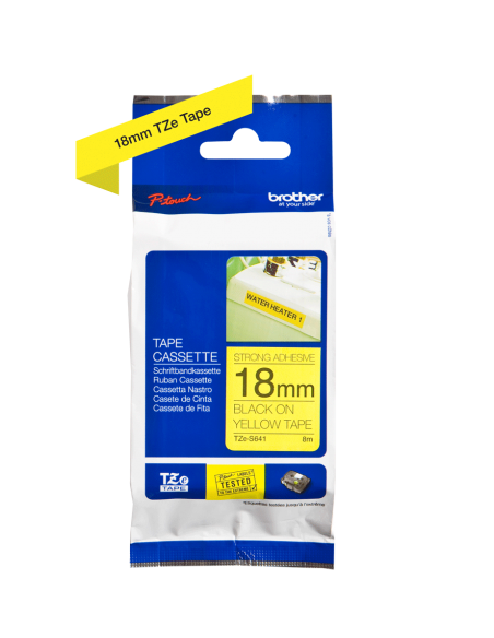 Cinta Laminada Ancho 18 mm súper adhesiva. Texto Negro Fondo Amarillo