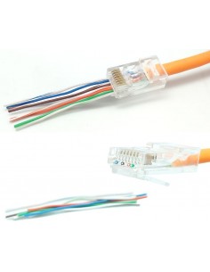 Conector macho RJ45 CAT6A UTP pasante cable rígido/flexible s/guía. bolsa 100 unidades.