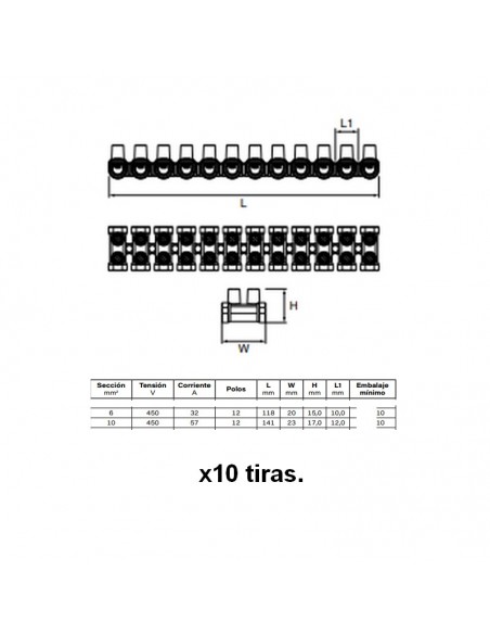 Regletas de polipropileno doblemente abocardadas y fabricadas en polipropileno tiras de 12 polos